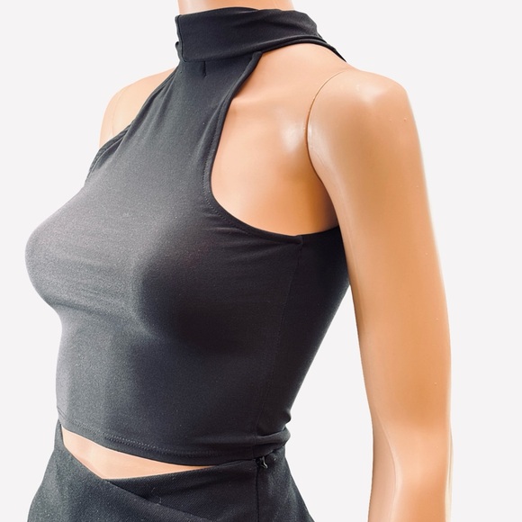 Open Edit Chic Black Sleeveless Halter Crop Top XXS - Picture 2 of 6
